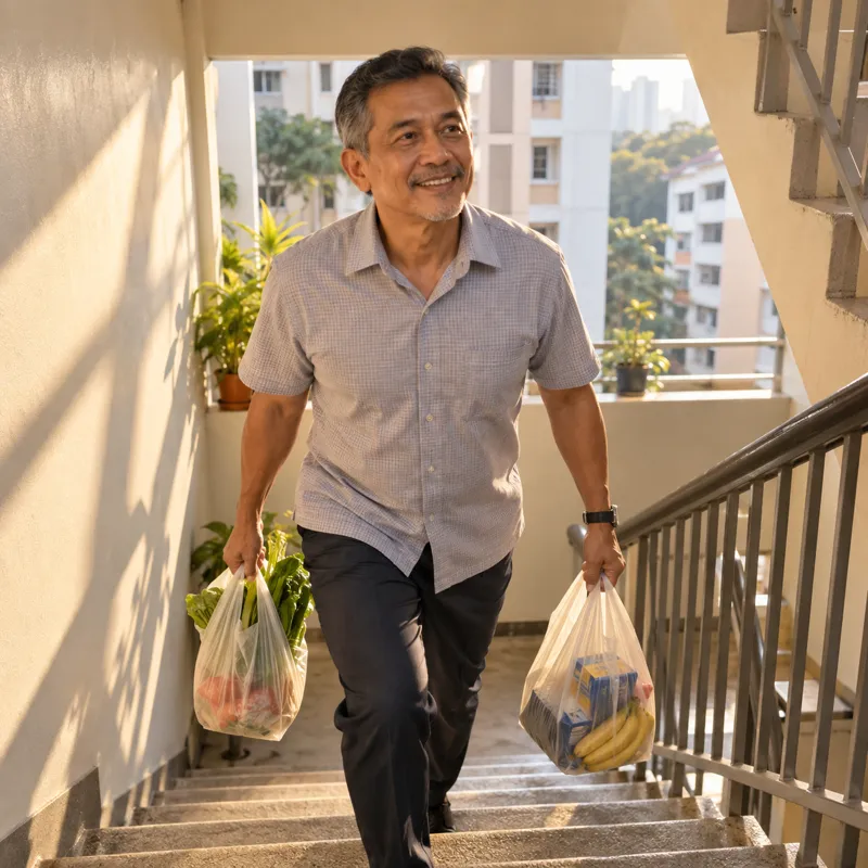 Pak cik naik tangga bawa barang dapur