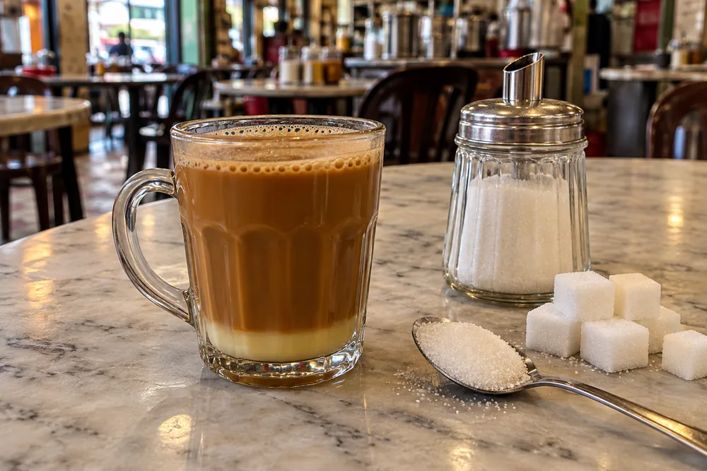 Segelas kopi kedai manis dengan gula putih