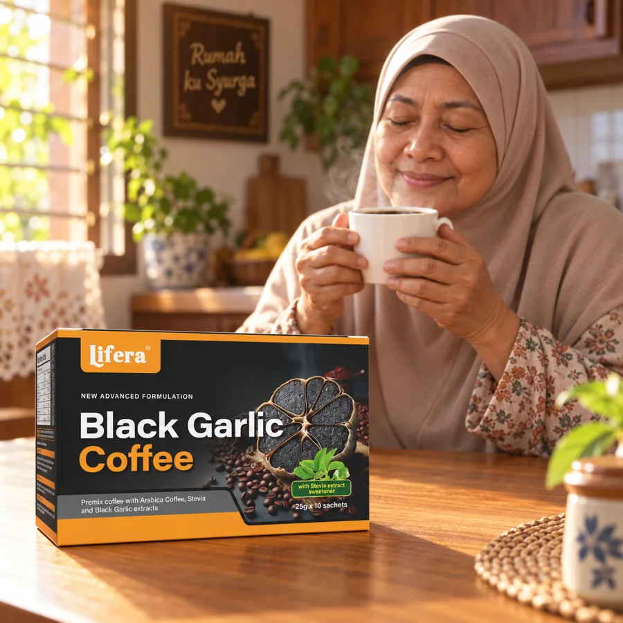 Mak cik minum kopi Lifera pagi, senyum