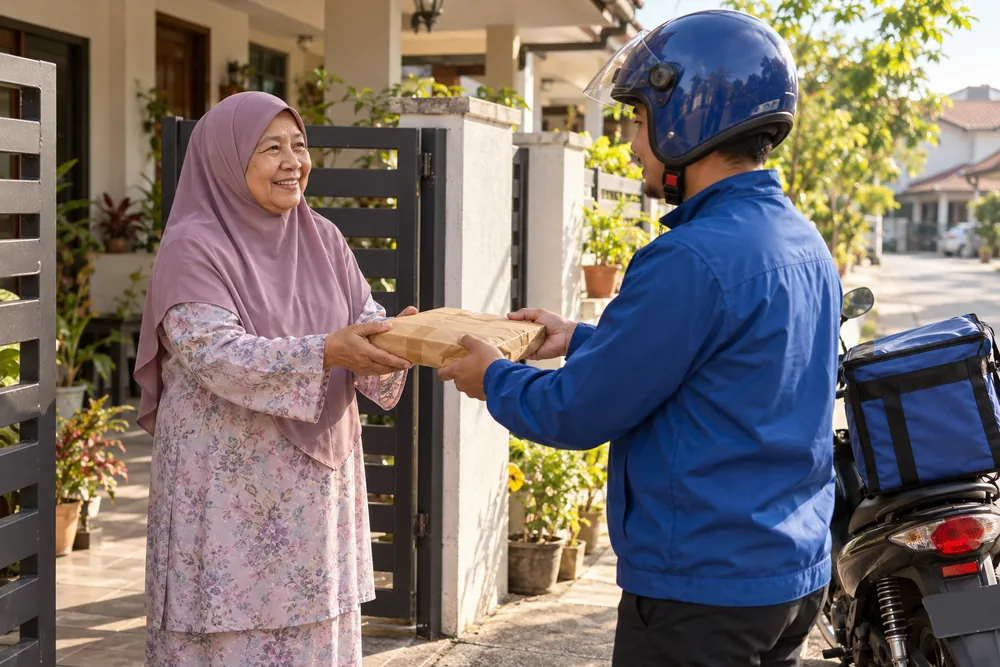 Posmen hantar bungkusan ke depan pagar rumah mak cik