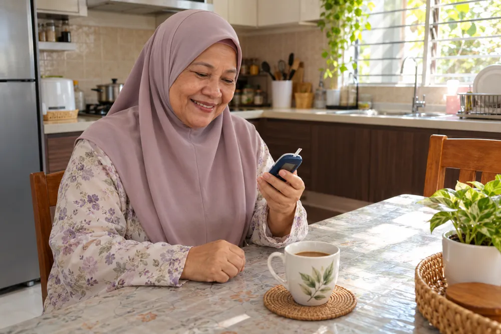 Mak cik senyum tengok meter gula